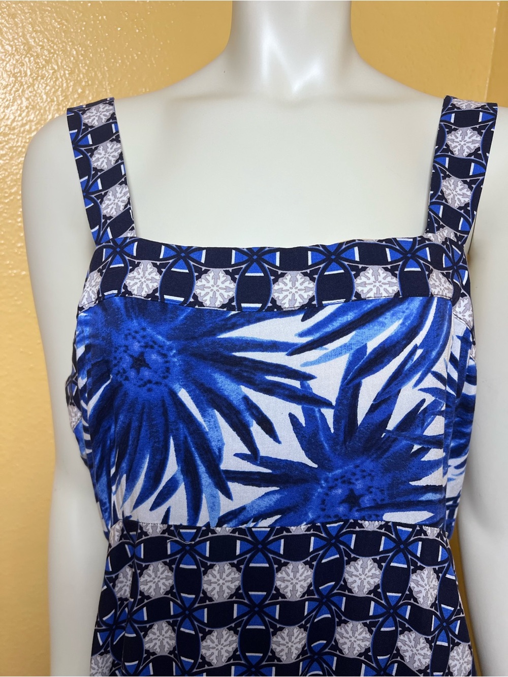 1.STATE Beach Blue White Floral Patchwork Maxi Dress Smocked Back Resort, XL - Picture 6 of 13